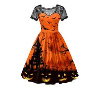 ALIREVERIE Women Halloween Party Costume Vintage Swing Lace Short Sleeve Witch Dress, Orange Midnight, Medium