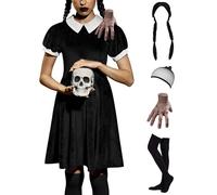 ALIREVERIE Women's 5PCS Halloween Costume Velvet Dress with Peter Pan Collar, Black, Large