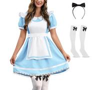 ALIREVERIE Womens Halloween Blue White Princess Costume Dress Puff Sleeves Lace Hem Detachable Apron Cosplay Outfit XXL