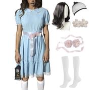 ALIREVERIE Womens Halloween Cosplay Dress Puff Sleeves Lolita Peter Pan Collar Gardy Twin Costume Blue Swiss Dot Texture XS