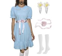 ALIREVERIE Womens Halloween Cosplay Dress Puff Sleeves Lolita Sister Peter Pan Collar Gardy Twin Costume Blue Ruffled Hem XXL