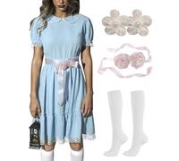 ALIREVERIE Women's Halloween Creepy Costume Short Puff Sleeves Cosplay Dress with Hair Clips, Blue ( Swiss Dot Texture ), Medium