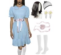 ALIREVERIE Womens Halloween Elastic Dress Peter Pan Collar Short Puff Sleeves Gardy Twin Lolita Sister Costume Blue Ruffled Hem L