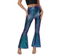 ALIREVERIE Women's Halloween Mermaid Legging Flared Buttom Shiny Fish Scales Pants