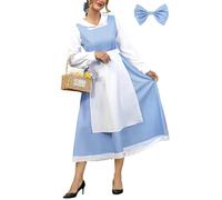 ALIREVERIE Women's Halloween Peter Pan Collar Long Sleeve Costume Blue White Peasant Princess Maid Dress, Blue, Large