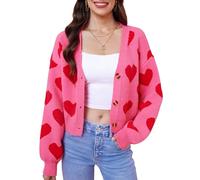 ALIREVERIE Women's Valentine's Day Cute Y2K Cropped Cardigan Long Sleeve Button Down Heart Sweater, Pink, M