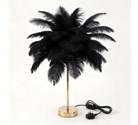 Aliseing Black Ostrich Feather Table Lamp with UK Plug | Press the switch to cycle neutral, warm & cool light. Soft feather shade, ideal for bedside, desk or living room