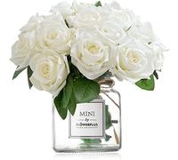 ALISENS Artificial Rose Flowers with Vase,Fake Silk Rose Bouquet with Glass Jar Home Rope for Wedding Proposal Bride Home Table Decoration Hobby Lobby Decor (White)
