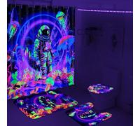 Alishomtll 4 Pcs Blacklight Astronaut Kids Shower Curtain Sets with Rugs, Cool UV Reactive Bathroom Set with Shower Curtain and Rugs, Trippy Space Bathroom Sets Decor for Men