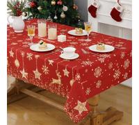 Alishomtll Christmas Tablecloth 55x79in/140x200cm Red Shiny Snowflake Reindeer Star Tablecloths Washable Rectangle Waterproof Gold Table Cover Winter Festival Christmas Decoration