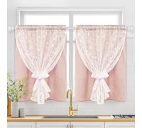 Alishomtll Curtains for Windows 2 Panels, Double Layers Pink Kitchen Curtains with Linen and Lace, Rustic Valance Short Curtain 26 x 36 inch Rod Pocket for Cafe Bathroom Small Window