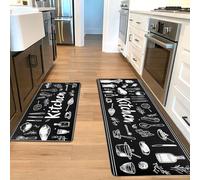 Alishomtll Kitchen Mats Sets, 2 Piece PVC Kitchen Rugs, Waterproof Non-slip Anti-Fatigue Stain-Resistant Black Kitchen Runner Washable Standing Mats for Home Office Floor 44x75+44x120cm