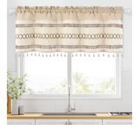 Alishomtll Linen Kitchen Curtains, Beige Striped Short Curtain for Windows, Boho Crochet Curtains with Rod Pocket, 18 Inch Drop Vintage Light Filtering Drapes for Bathroom Cafe, 35 x 18 inch