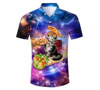 ALISISTER Hawaiian Shirt Tropical 3D Pizza Cat Print Shirts Mens Button Down Blouse Funky Short Sleeved T-Shirt Pink Funny Party Suit for Men XXL