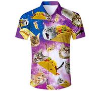 ALISISTER Hawaiian Shirt Tropical 3D Pizza Cat Vacation Shirts Mens Button Down Blouse Aloha Short Sleeved T-Shirt Summer Party Suit for Men Yellow Blue Food Shirt XXL
