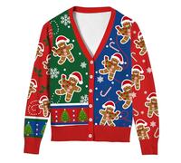 ALISISTER Women Christmas Cardigan Gingerbread Man Print Long Sleeve V Neck Button Down Festive Sweater XXL