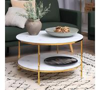 Alisma Coffee Table - Round - White Marble and Gold Metal - with Shelf