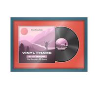 Alison Kingsgate 25×17" Vinyl Record Frame for 12 Inch LP Cover & Disc - Premium Overlapped Display Photo Frames - Engineered Wood with Clear Perspex Front - Blue with Poppy red Mount for Music Lovers