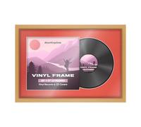Alison Kingsgate 25×17 Vinyl Record Frame for 12 Inch LP Cover & Disc - Premium Overlapped Display Photo Frames - Engineered Wood with Perspex Front - Country Pine with Poppy red Mount for Music Lover