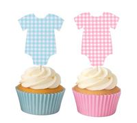 ALISSAR 36 Pcs Blue & Pink Gingham Cupcake Toppers - Gender Reveal Decorations, Baby Shower Cake Topper for Boys & Girls, Diaper Cake Decor, Gender Reveal Party Supplies