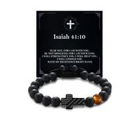 Alissl American Flag Cross Christian Bracelet for Young Adults, Adjustable Tiger Eye Stone Bead Religious Lucky Amulet Gift for Students & Young Professionals with Card, Adjustable, Stone, tiger eye