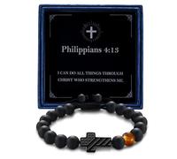 Alissl American Flag Cross Christian Bracelet for Young Adults, Adjustable Tiger Eye Stone Bead Religious Lucky Amulet Gift for Students & Young Professionals with Card, Adjustable, Stone, tiger eye