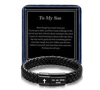 Alissl Christian Black Leather Bracelet for Men Religious Braided Bracelets Christmas Birthday Bracelet Gifts for Man Dad Husband, 8.2, Leather, no gemstone