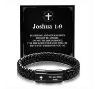 Alissl Christian Black Leather Bracelet for Men Religious Braided Bracelets Christmas Birthday Bracelet Gifts for Man Dad Husband, 8.2inch, no gemstone