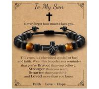 Alissl Cross Bracelet for Boys, Blue/Gold/Yellow Tiger Eye Natural Stone Beaded Cross Bracelet Adjustable, Lucky Charm Basketball Easter Gifts for Teens Son Grandson Man, 6-10In, Stone, tiger eye