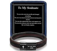 Alissl Leather Bracelet for Men Dad Husband Boyfriend Son Grandson Gift, Braided Black Leather Bracelet with Stainless Steel Engraved Joshua Scripture You are Never Alone Jewelry, 8.2inch, Leather, no