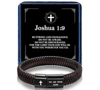 Alissl Leather Bracelet for Men Dad Husband Boyfriend Son Grandson Gift, Braided Black Leather Bracelet with Stainless Steel Engraved Joshua Scripture You are Never Alone Jewelry, 8.2inch, Leather, no