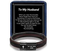 Alissl Leather Bracelet for Men Dad Husband Boyfriend Son Grandson Gift, Braided Black Leather Bracelet with Stainless Steel Engraved Joshua Scripture You are Never Alone Jewelry, 8.2inch, Leather, no