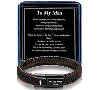 Alissl Leather Bracelet for Men Dad Husband Boyfriend Son Grandson Gift, Braided Black Leather Bracelet with Stainless Steel Engraved Joshua Scripture You are Never Alone Jewelry, 8.2inch, Leather, no