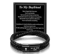 Alissl Leather Cross Bracelet for Men Christian Bible Verse Black Stainless Steel Bracelet, Inspirational Birthday Christian Graduation Gifts Ideas for Soulmate Boyfriend Man Dad Husband Grandson Son