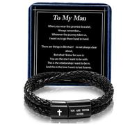 Alissl Leather Cross Bracelet for Men Christian Bible Verse Black Stainless Steel Bracelet, Inspirational Birthday Christian Graduation Gifts Ideas for Soulmate Boyfriend Man Dad Husband Grandson Son