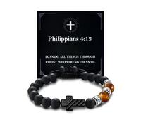 Alissl Men's Christian Cross Bracelet with Patriotic Flag - Golden Brown Tiger Eye Beads, Adjustable Jewelry Gift for Son/Grandson/Graduates with Scripture Card, Adjustable, no gemstone