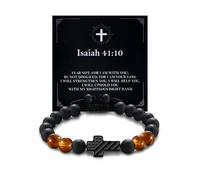Alissl Men's Christian Cross & Patriotic Flag Bracelet - Handmade Adjustable Golden Brown Tiger Eye Beads, Religious Jewelry Gift for Him with Scripture Card (Graduation/4th July), Adjustable, Stone