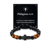 Alissl Men's Christian Cross & Patriotic Flag Bracelet - Handmade Adjustable Golden Brown Tiger Eye Beads, Religious Jewelry Gift for Him with Scripture Card (Graduation/4th July), Adjustable, no