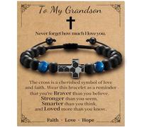 Alissl Soccer Cross Bracelet for Boys, Blue/Gold/Yellow Tiger Eye Natural Stone Bracelet Adjustable, Christmas Christian Baptism Birthday Soccer Gifts for Son Grandson Easter Gifts for Teens, 6-10In