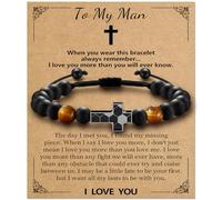 Alissl Soccer Cross Bracelet for Boys, Blue/Gold/Yellow Tiger Eye Natural Stone Bracelet Adjustable, Christmas Christian Baptism Birthday Soccer Gifts for Son Grandson Easter Gifts for Teens, 6-10In