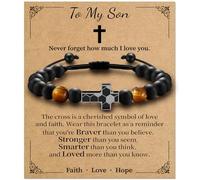 Alissl Soccer Cross Bracelet for Boys, Blue/Gold/Yellow Tiger Eye Natural Stone Bracelet Adjustable, Christmas Christian Baptism Birthday Soccer Gifts for Son Grandson Easter Gifts for Teens, 6-10In