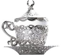 Alisveristime (1 Pc Turkish Coffee Cup - Traditional Design with Crescent Motif, Porcelain Cup and Saucer for Turkish, Greek, Arabic Coffee and Espresso (Gelincik) (Silver)