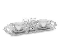 Alisveristime 2-Person Turkish Coffee Serving Set with Cups, Water Glasses, Delight Bowl and Zamac Tray - Elegant Ottoman Style with 2 Color Options (Silver)
