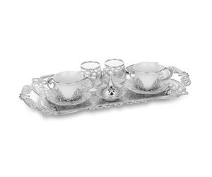 Alisveristime 2-Person Turkish Coffee Serving Set with Cups, Water Glasses, Delight Bowl and Zamac Tray - Elegant Ottoman Style with 2 Color Options (Silver)
