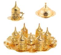Alisveristime 6-Piece Set Turkish Espresso Coffee Cups with Saucer, Lid, Traditional Ottoman Tulip Motif (Multiple Color Variations) (Lale) (Gold)