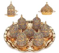 Alisveristime Crystal Embellished Turkish Coffee Set - 27 Pieces - Decorative Zamac Espresso Cups, Saucers and Sugar Bowl with Tray - Available in Three Color Variations (Multi)
