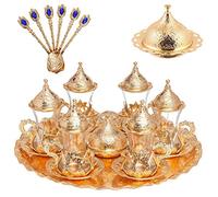 Alisveristime Handmade Turkish Tea Water Zamzam Serving Set Glasses Saucer, Tray and Spoon (Gold)