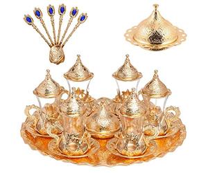 Alisveristime Handmade Turkish Tea Water Zamzam Serving Set Glasses Saucer, Tray and Spoon (Gold)
