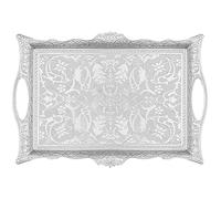 Alisveristime Ottoman Turkish Zamak Serving Tray with Traditional Motifs, Ideal for Coffee and Tea - Six Person Tray (14.5 x 9.85 in) (Silver)