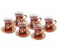 Alisveristime (SET OF 6) Turkish Tea Set with Zamac Holders, Glass Cups, and Saucers, 100ml Capacity, Elegant Serving Set in Gold and Silver (Harman) (Gold)